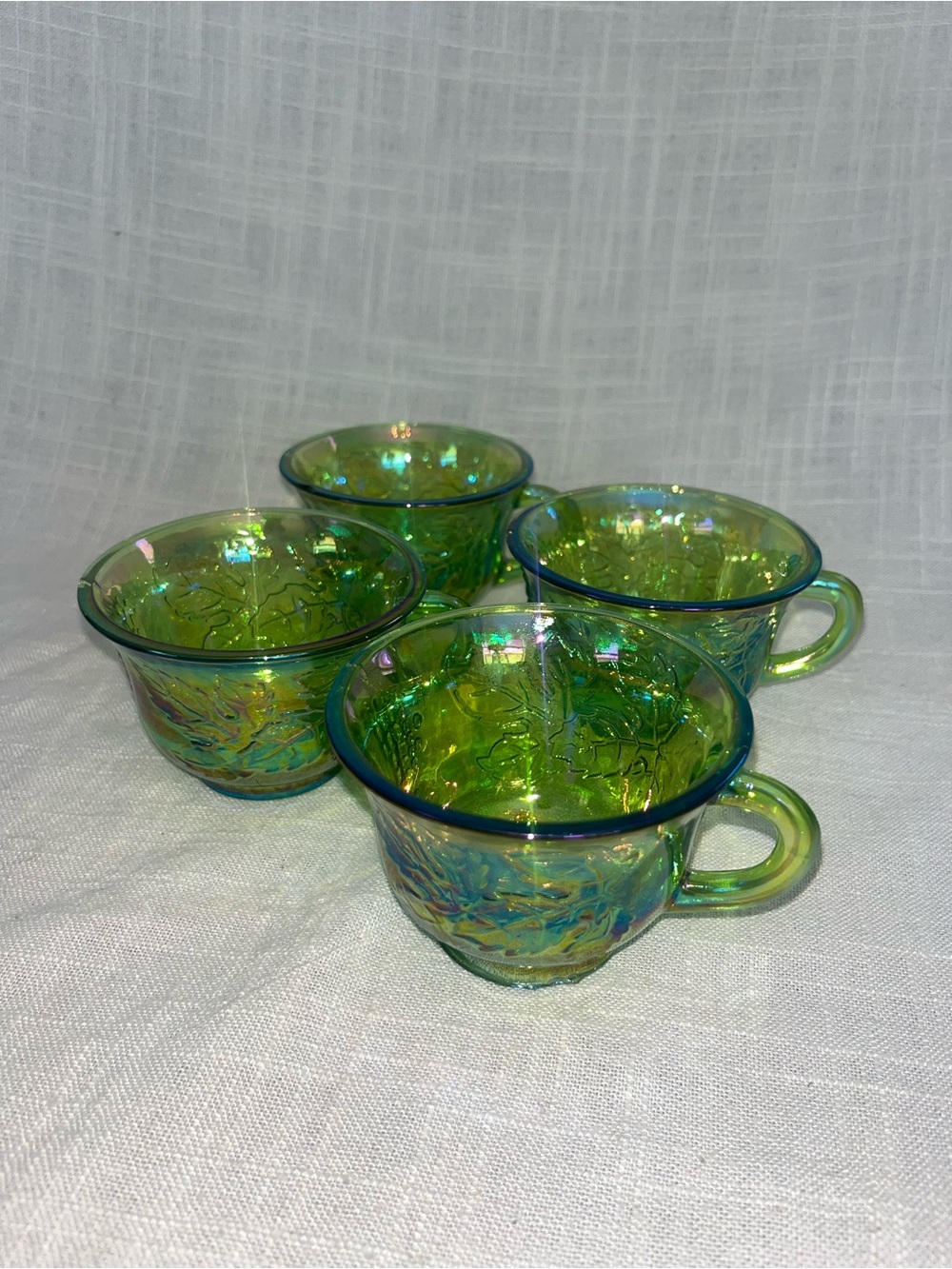 Indiana Glass Co. Set of 4 Iridescent Green Carnival Glass Cups Harvest pattern